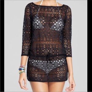 RALPH LAUREN Black Crochet Lace Swim Cover Up Tunic Drawstring Boho Medium